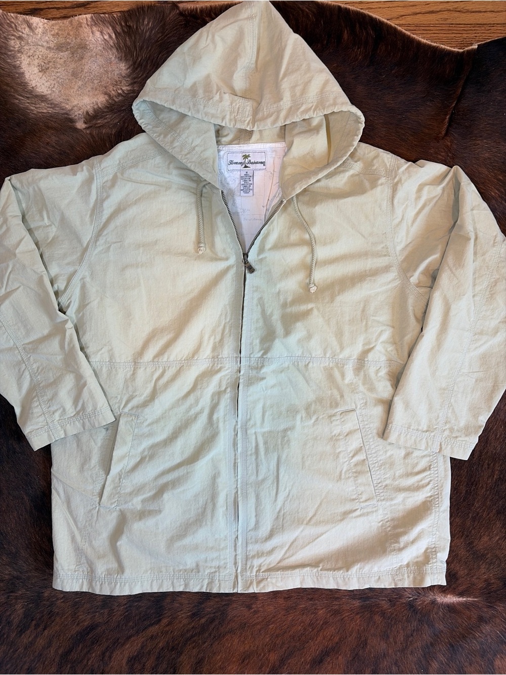 Tommy Bahama Full Zip Hooded Windbreaker Jacket Mens Medium Beige Map Lining